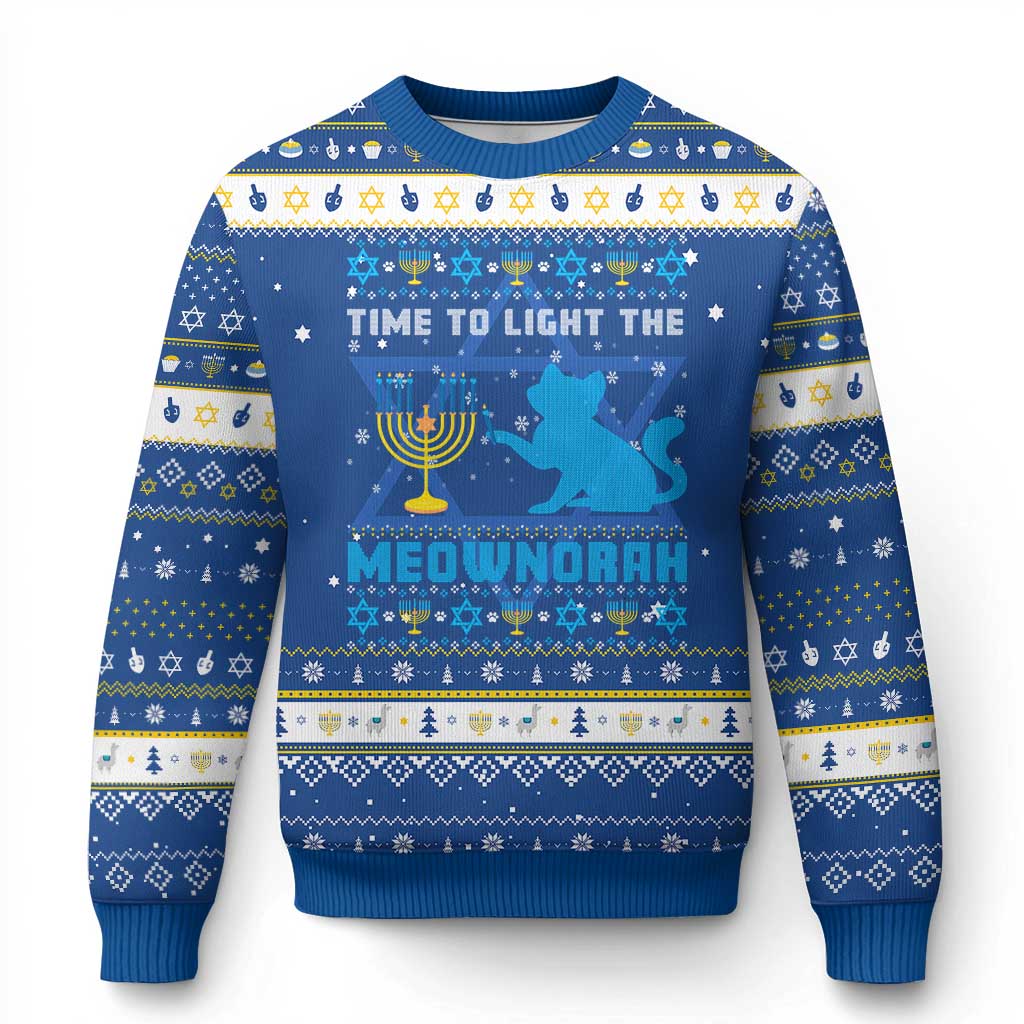 Funny Cat Hanukkah Ugly Sweater Light The Meownorah Jewish Menorah Chanukah TS02 Blue White Print Your Wear
