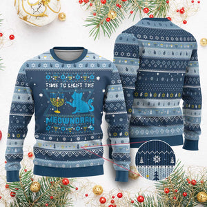 Funny Cat Hanukkah Ugly Sweater Light The Meownorah Jewish Menorah Chanukah TS02 Navy Light Blue Print Your Wear