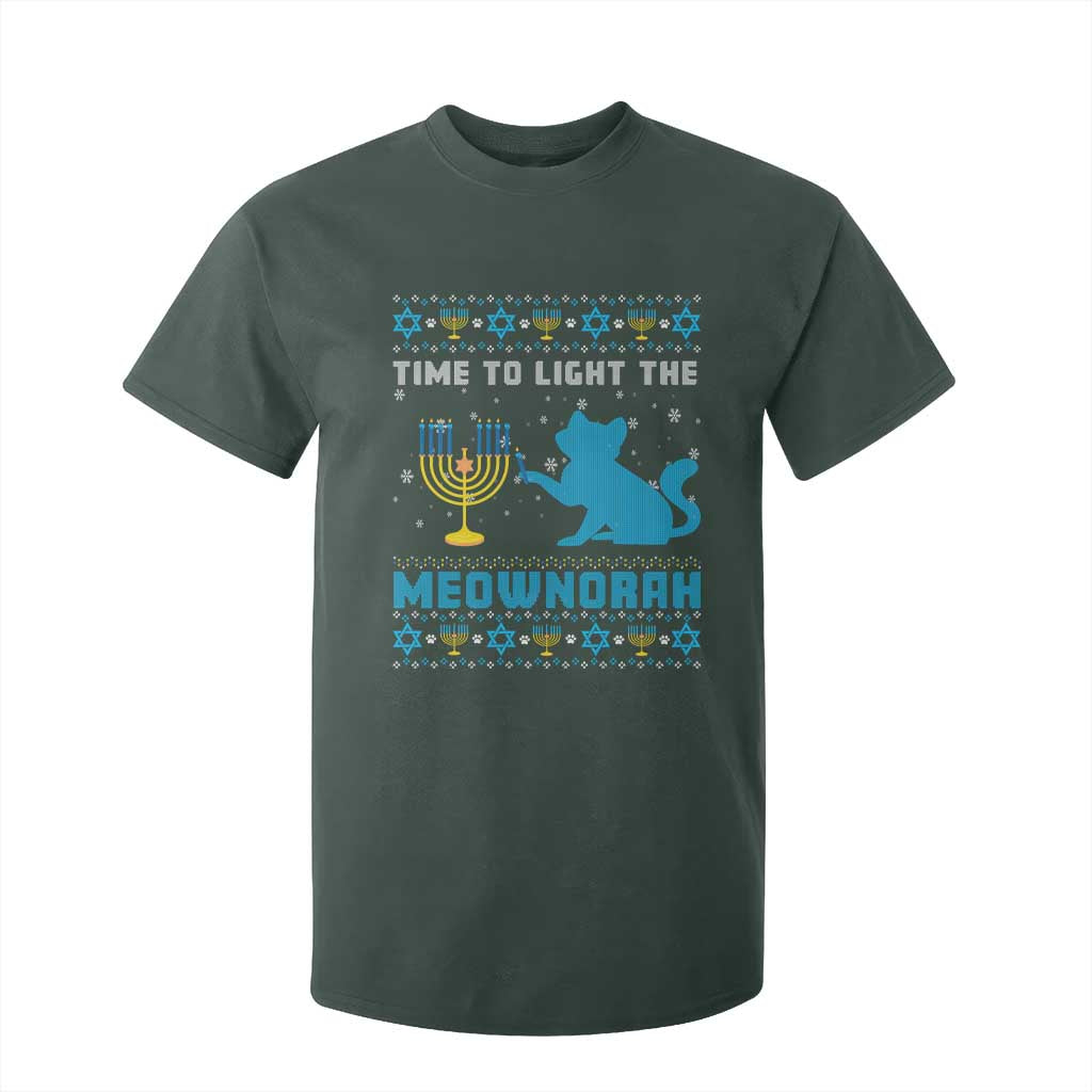 Funny Hanukkah Cat T Shirt For Kid Light The Meownorah Jewish Menorah Chanukah TS02 Dark Forest Green Print Your Wear