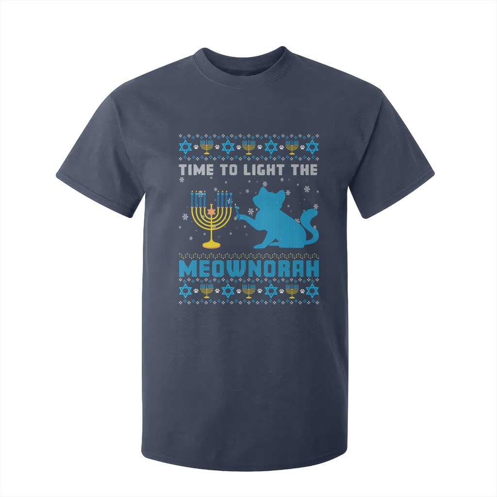 Funny Hanukkah Cat T Shirt For Kid Light The Meownorah Jewish Menorah Chanukah TS02 Navy Print Your Wear