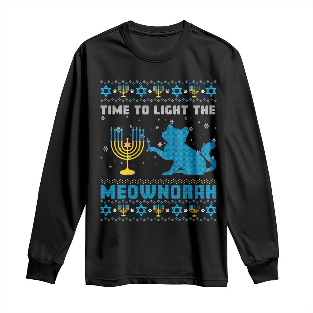 Funny Hanukkah Cat Long Sleeve Shirt Light The Meownorah Jewish Menorah Chanukah TS02 Black Print Your Wear