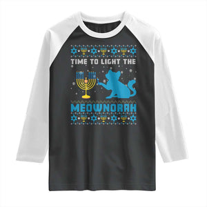 Funny Hanukkah Cat Raglan Shirt Light The Meownorah Jewish Menorah Chanukah TS02 Black White Print Your Wear