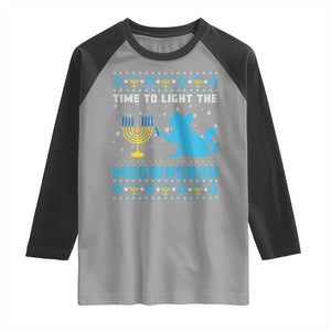 Funny Hanukkah Cat Raglan Shirt Light The Meownorah Jewish Menorah Chanukah TS02 Sport Gray Black Print Your Wear