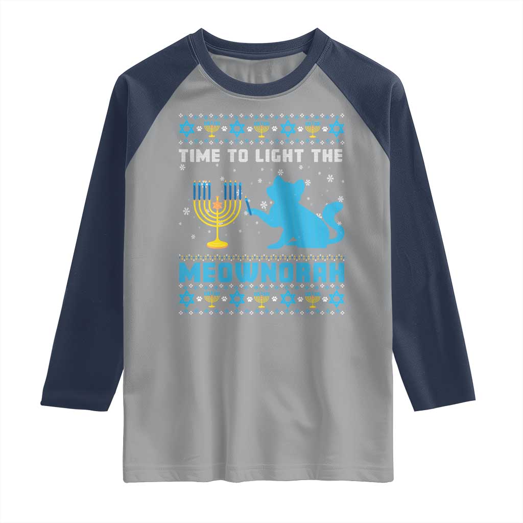 Funny Hanukkah Cat Raglan Shirt Light The Meownorah Jewish Menorah Chanukah TS02 Sport Gray Navy Print Your Wear