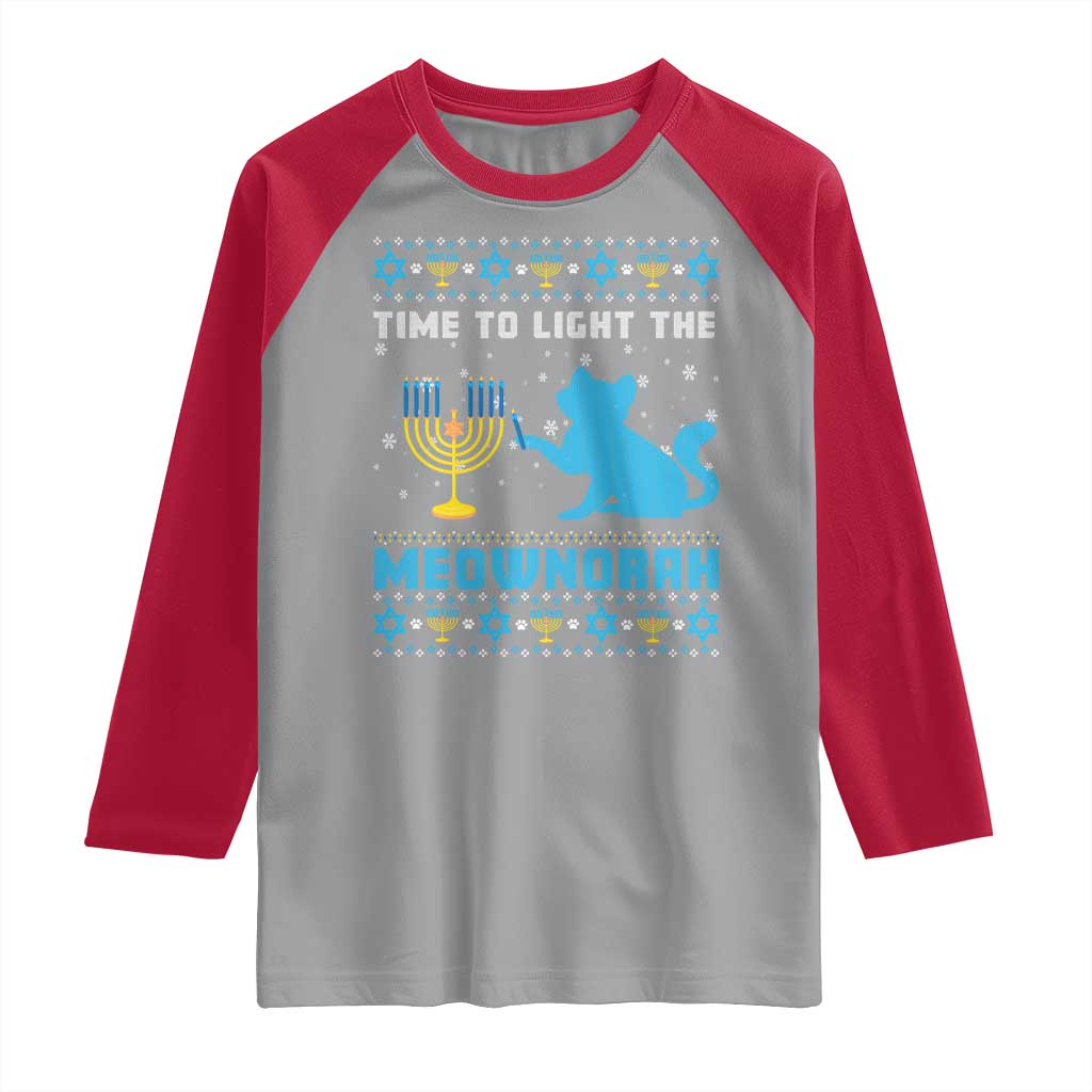 Funny Hanukkah Cat Raglan Shirt Light The Meownorah Jewish Menorah Chanukah TS02 Sport Gray Red Print Your Wear