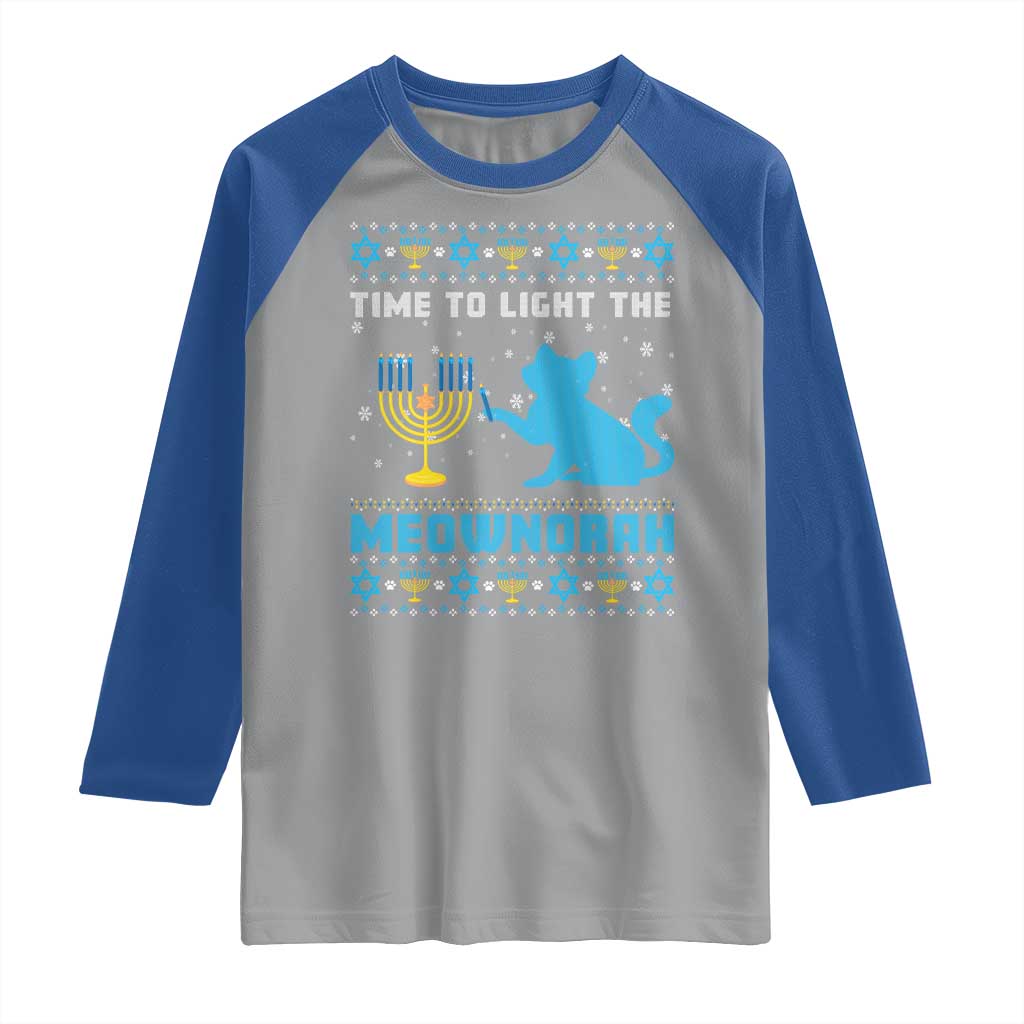 Funny Hanukkah Cat Raglan Shirt Light The Meownorah Jewish Menorah Chanukah TS02 Sport Gray Royal Print Your Wear