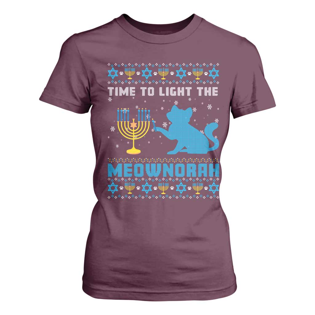 Funny Hanukkah Cat T Shirt For Women Light The Meownorah Jewish Menorah Chanukah TS02 Maroon Print Your Wear