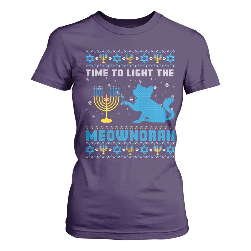 Funny Hanukkah Cat T Shirt For Women Light The Meownorah Jewish Menorah Chanukah TS02 Purple Print Your Wear