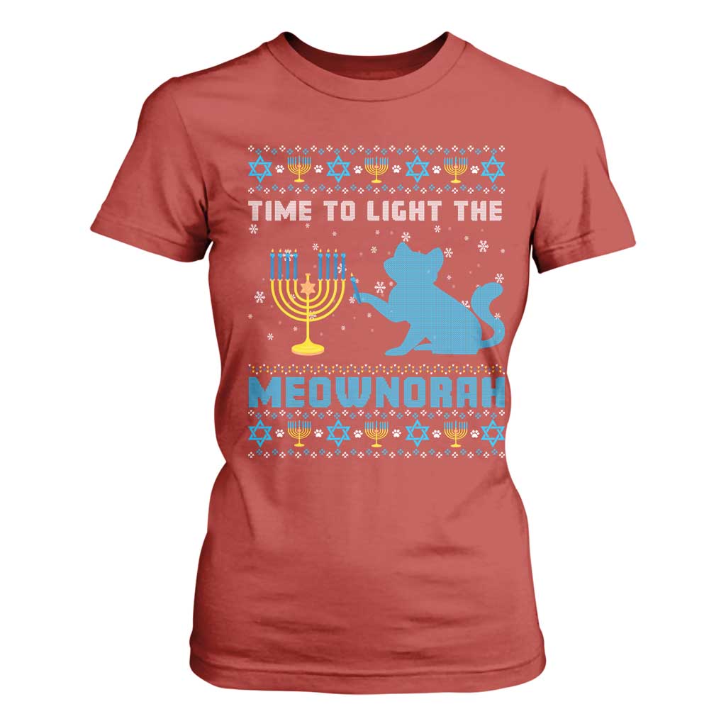 Funny Hanukkah Cat T Shirt For Women Light The Meownorah Jewish Menorah Chanukah TS02 Red Print Your Wear