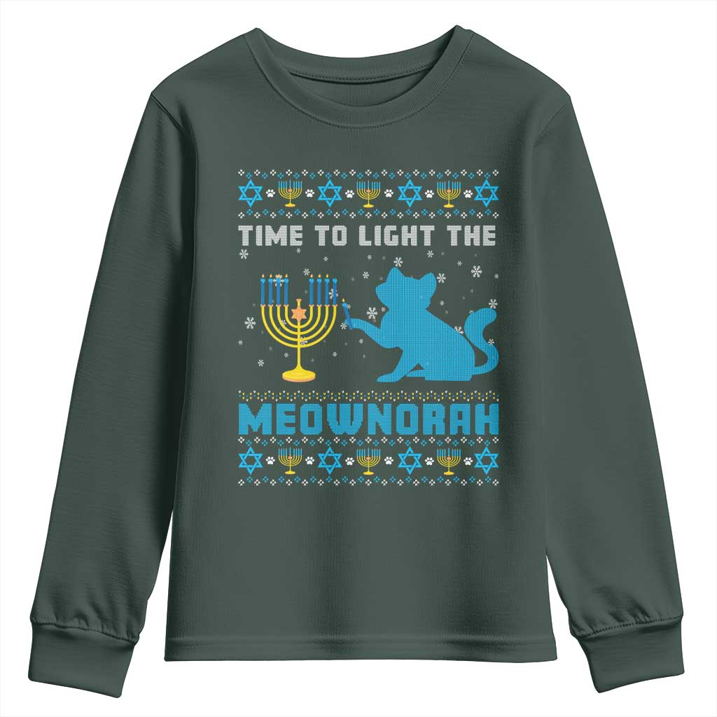 Funny Hanukkah Cat Youth Sweatshirt Light The Meownorah Jewish Menorah Chanukah TS02 Dark Forest Green Print Your Wear