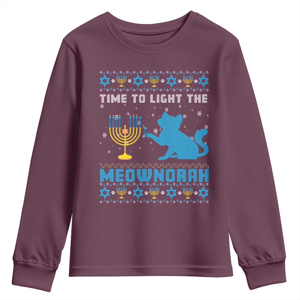 Funny Hanukkah Cat Youth Sweatshirt Light The Meownorah Jewish Menorah Chanukah TS02 Maroon Print Your Wear