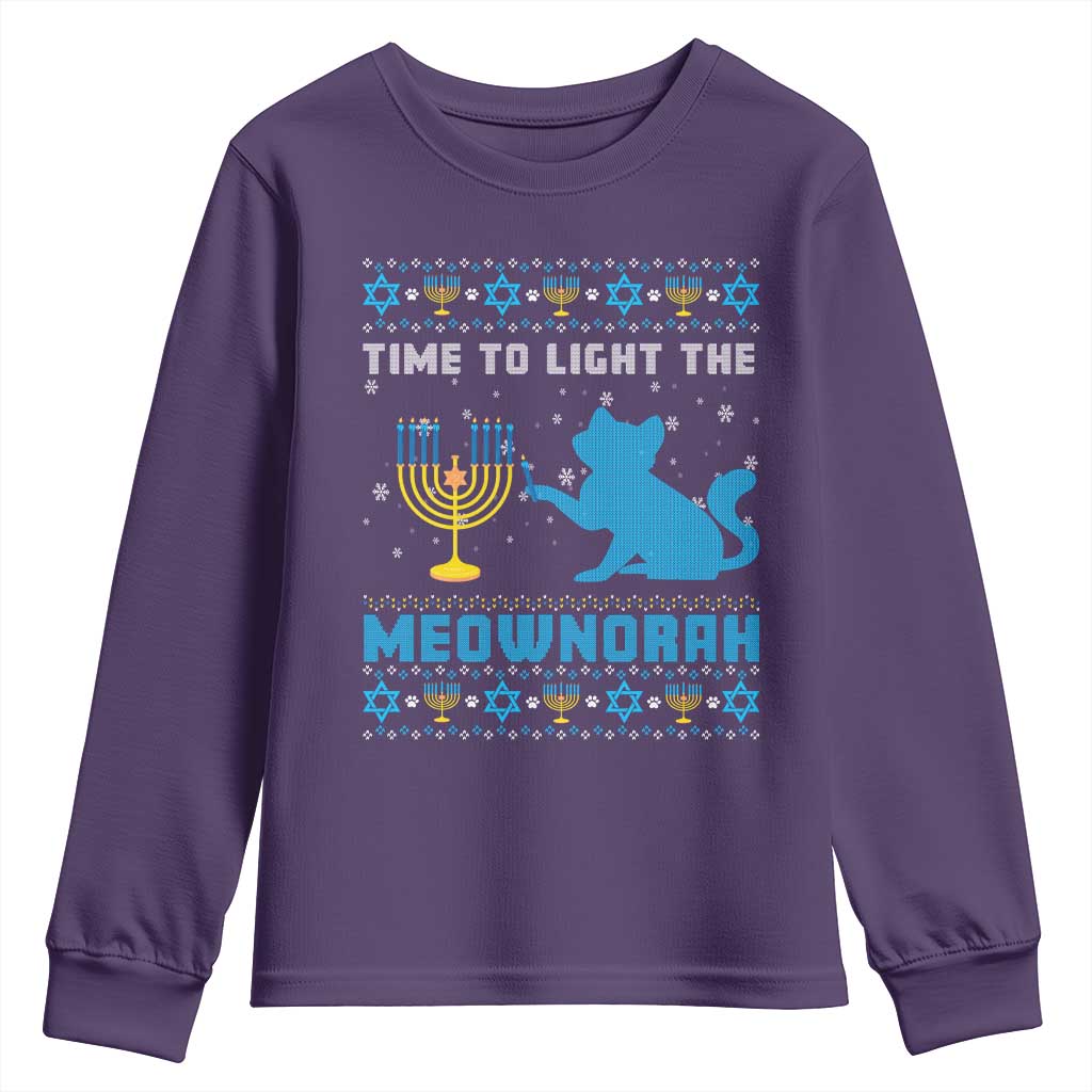 Funny Hanukkah Cat Youth Sweatshirt Light The Meownorah Jewish Menorah Chanukah TS02 Purple Print Your Wear