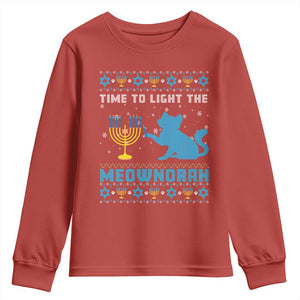Funny Hanukkah Cat Youth Sweatshirt Light The Meownorah Jewish Menorah Chanukah TS02 Red Print Your Wear