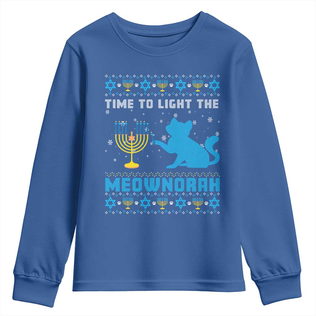 Funny Hanukkah Cat Youth Sweatshirt Light The Meownorah Jewish Menorah Chanukah TS02 Royal Blue Print Your Wear