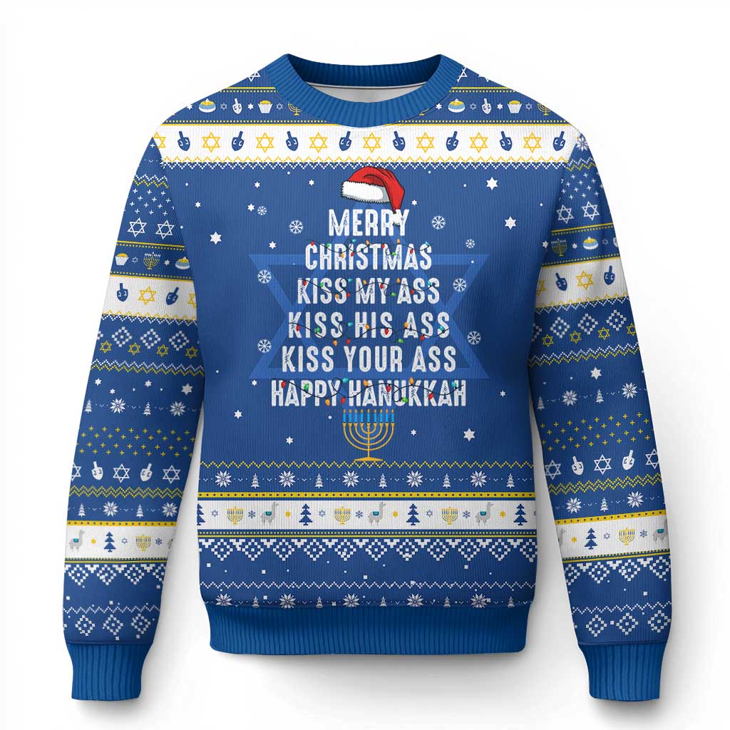 Merry Christmas Kiss My Ass His Ass Your Ass Happy Hanukkah Hanukkah Ugly Sweater TS02 Blue White Print Your Wear