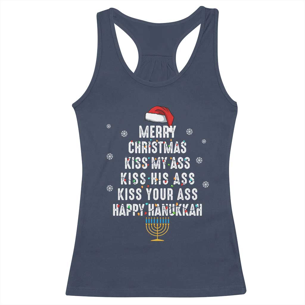 Merry Christmas Kiss My Ass His Ass Your Ass Happy Hanukkah Racerback Tank Top TS02 Navy Print Your Wear