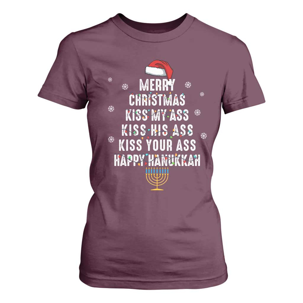 Merry Christmas Kiss My Ass His Ass Your Ass Happy Hanukkah T Shirt For Women TS02 Maroon Print Your Wear