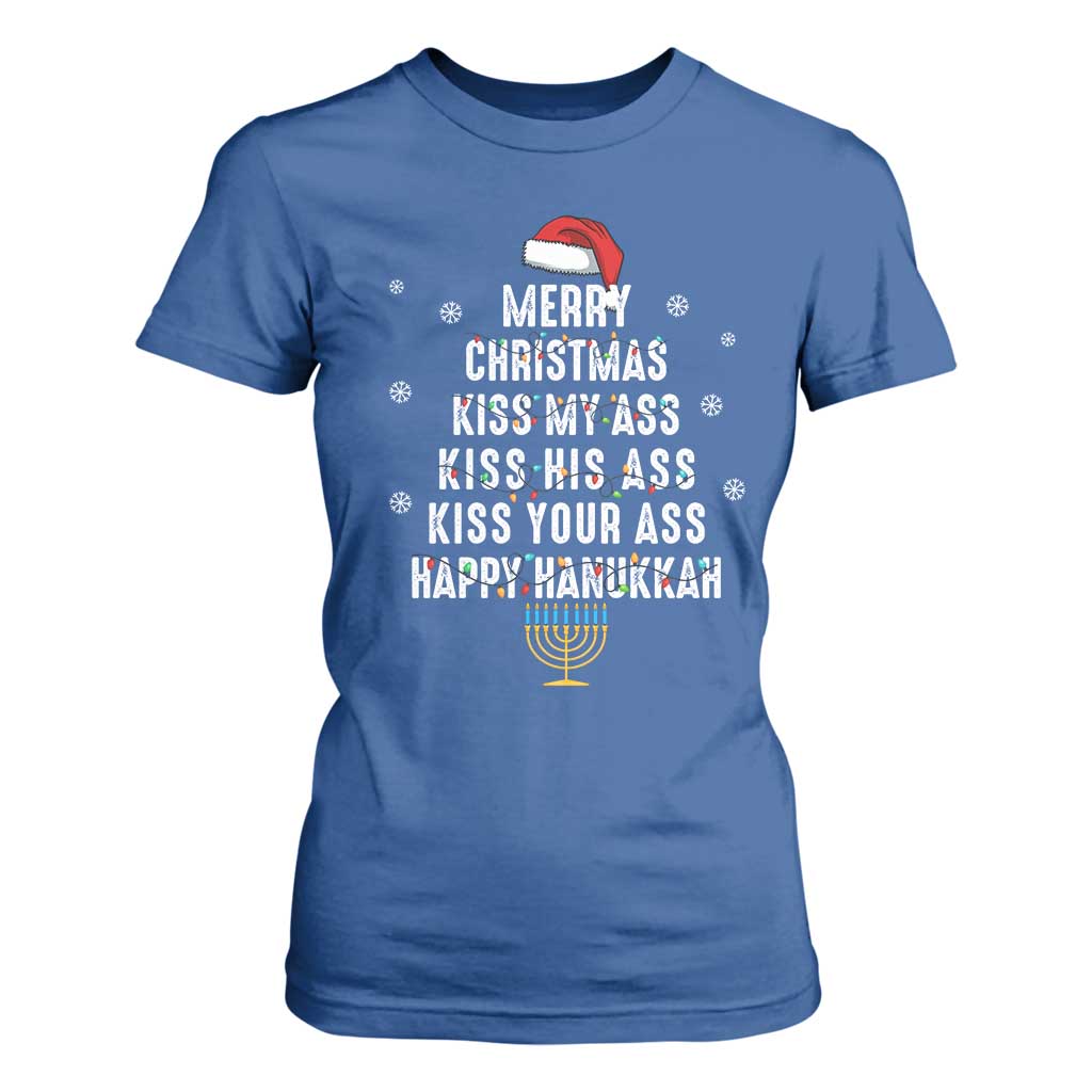 Merry Christmas Kiss My Ass His Ass Your Ass Happy Hanukkah T Shirt For Women TS02 Royal Blue Print Your Wear