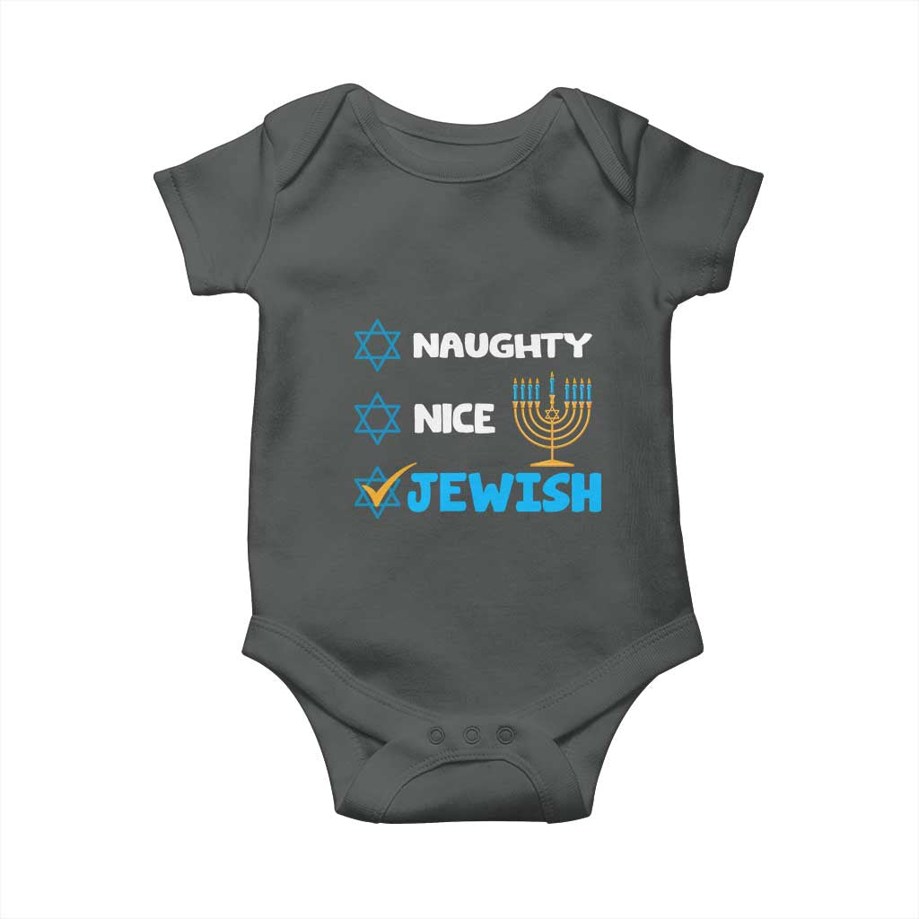 Funny Jewish Hanukkah Baby Onesie Nice Naughty Jewish Menorah Hanukkiah Chanukah Ugly TS02 Dark Heather Print Your Wear