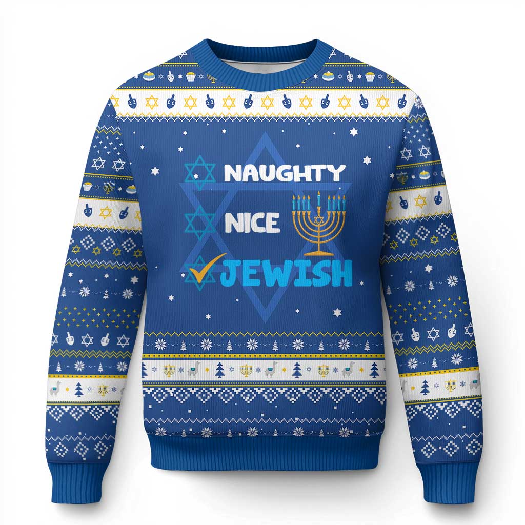 Funny Jewish Hanukkah Ugly Sweater Nice Naughty Jewish Menorah Hanukkiah Chanukah Ugly TS02 Blue White Print Your Wear