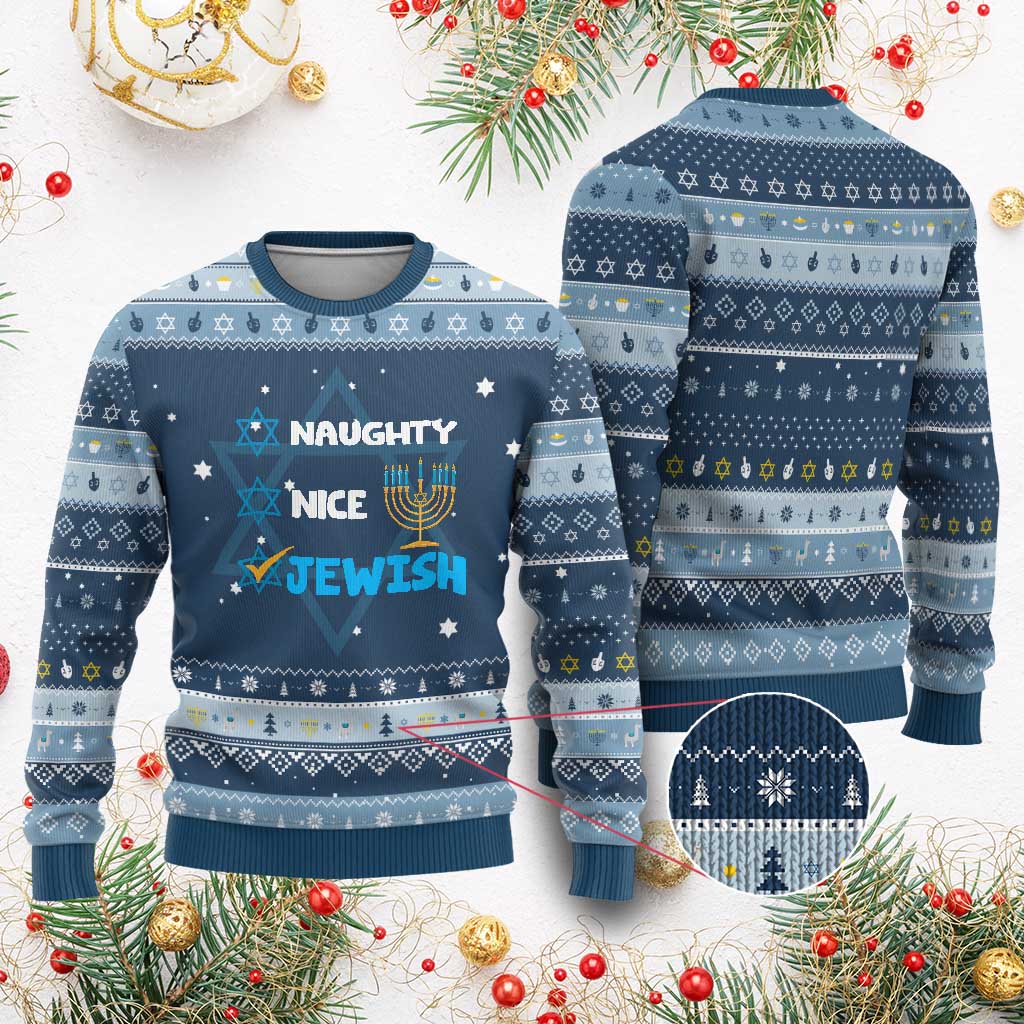 Funny Jewish Hanukkah Ugly Sweater Nice Naughty Jewish Menorah Hanukkiah Chanukah Ugly TS02 Navy Light Blue Print Your Wear