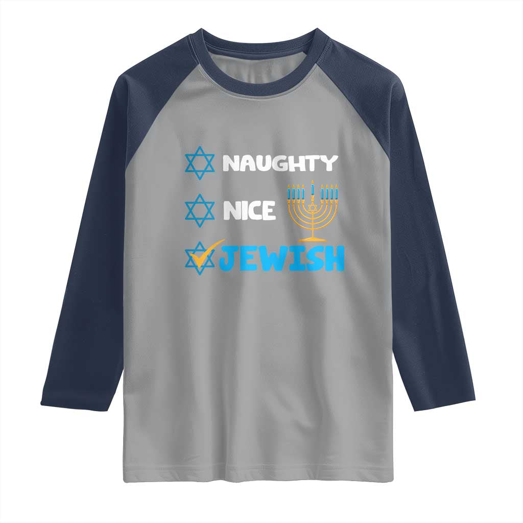 Funny Jewish Hanukkah Raglan Shirt Nice Naughty Jewish Menorah Hanukkiah Chanukah Ugly TS02 Sport Gray Navy Print Your Wear