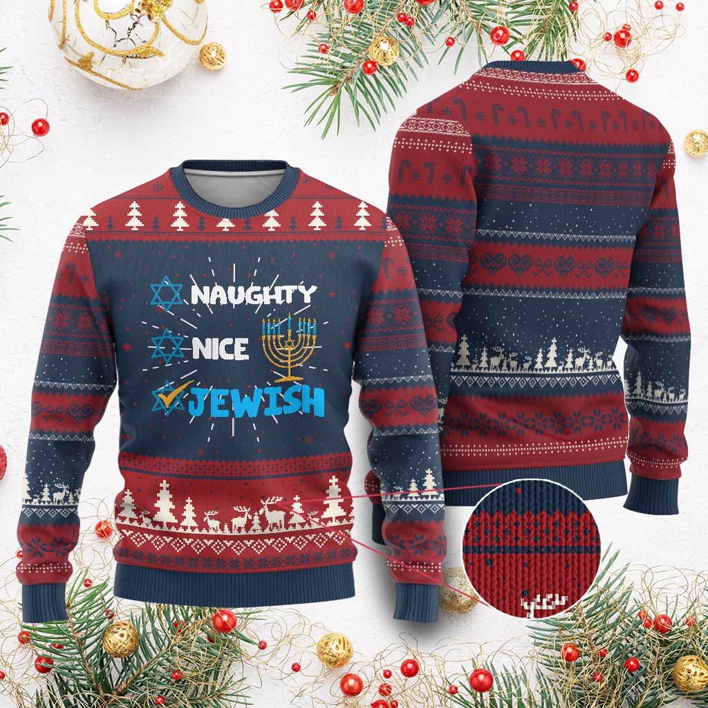 Funny Jewish Hanukkah Ugly Christmas Sweater Nice Naughty Jewish Menorah Hanukkiah Chanukah Ugly TS02 Burgundy Print Your Wear