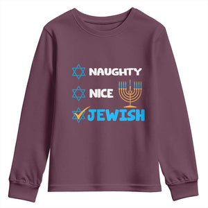 Funny Jewish Hanukkah Youth Sweatshirt Nice Naughty Jewish Menorah Hanukkiah Chanukah Ugly TS02 Maroon Print Your Wear