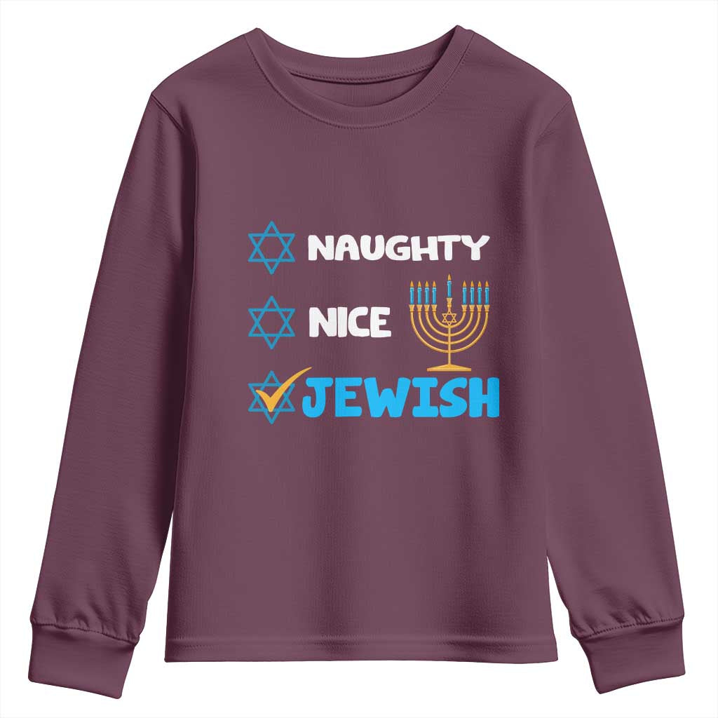 Funny Jewish Hanukkah Youth Sweatshirt Nice Naughty Jewish Menorah Hanukkiah Chanukah Ugly TS02 Maroon Print Your Wear