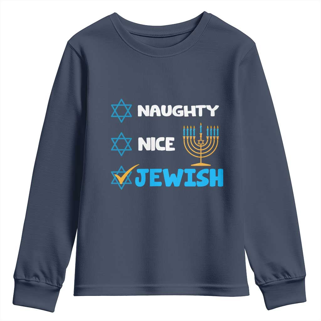 Funny Jewish Hanukkah Youth Sweatshirt Nice Naughty Jewish Menorah Hanukkiah Chanukah Ugly TS02 Navy Print Your Wear