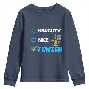 Funny Jewish Hanukkah Youth Sweatshirt Nice Naughty Jewish Menorah Hanukkiah Chanukah Ugly TS02 Navy Print Your Wear