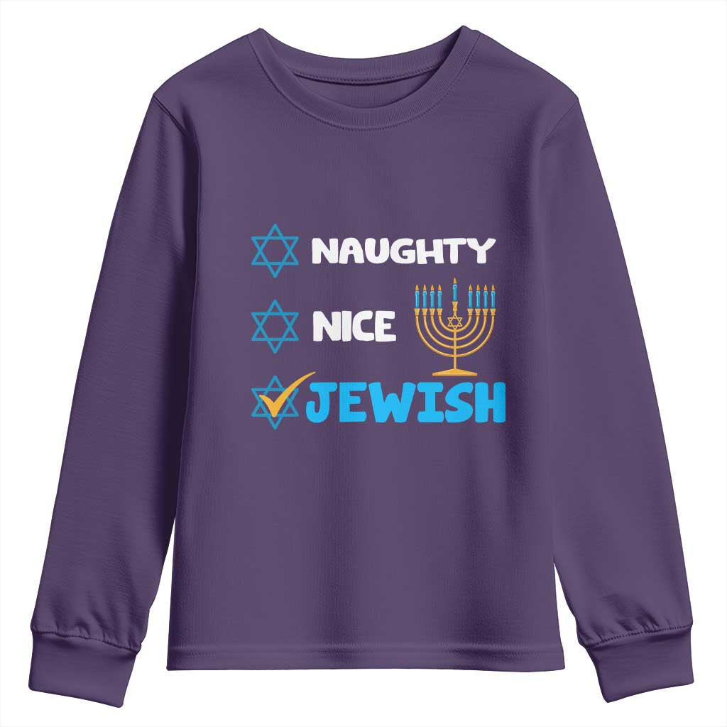 Funny Jewish Hanukkah Youth Sweatshirt Nice Naughty Jewish Menorah Hanukkiah Chanukah Ugly TS02 Purple Print Your Wear