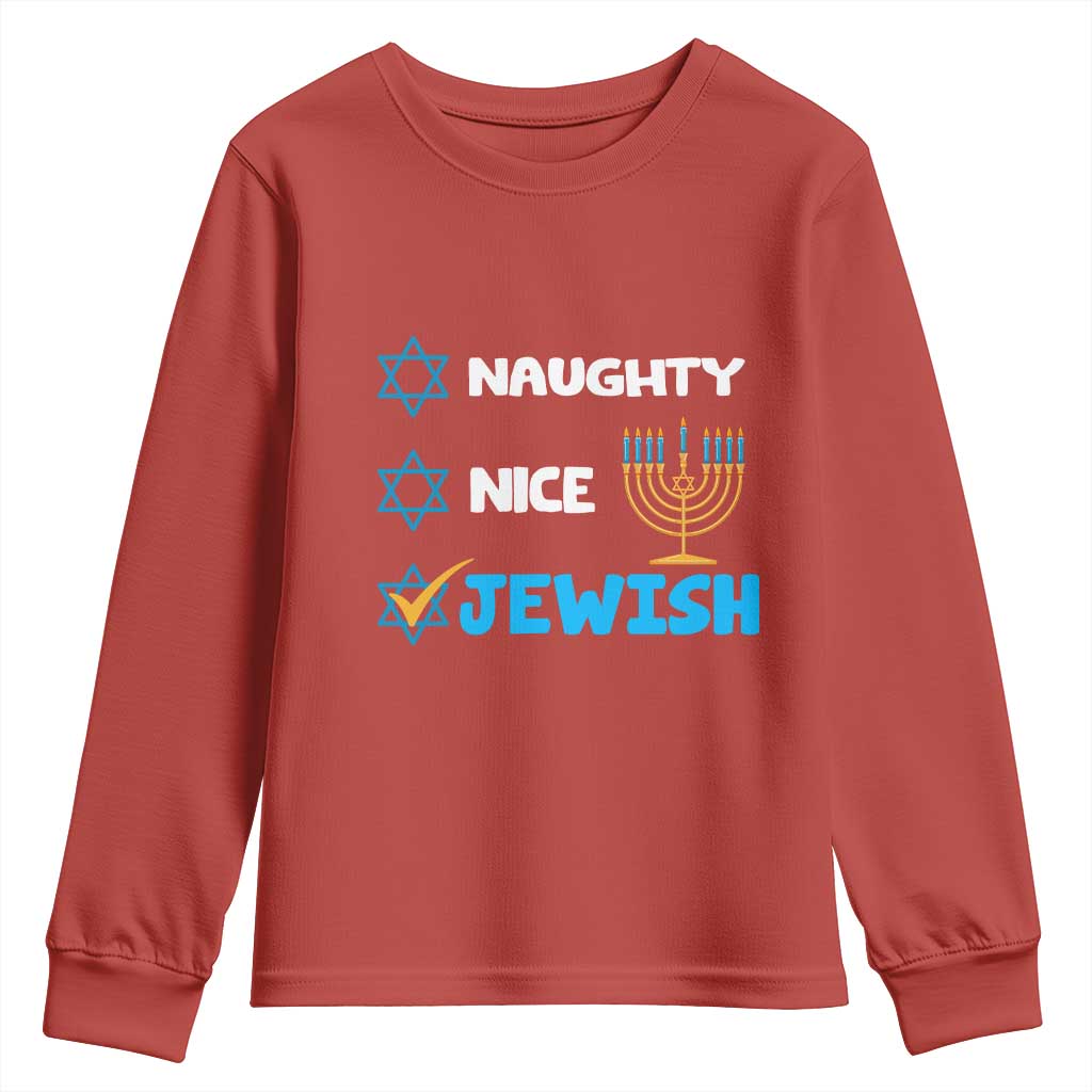 Funny Jewish Hanukkah Youth Sweatshirt Nice Naughty Jewish Menorah Hanukkiah Chanukah Ugly TS02 Red Print Your Wear