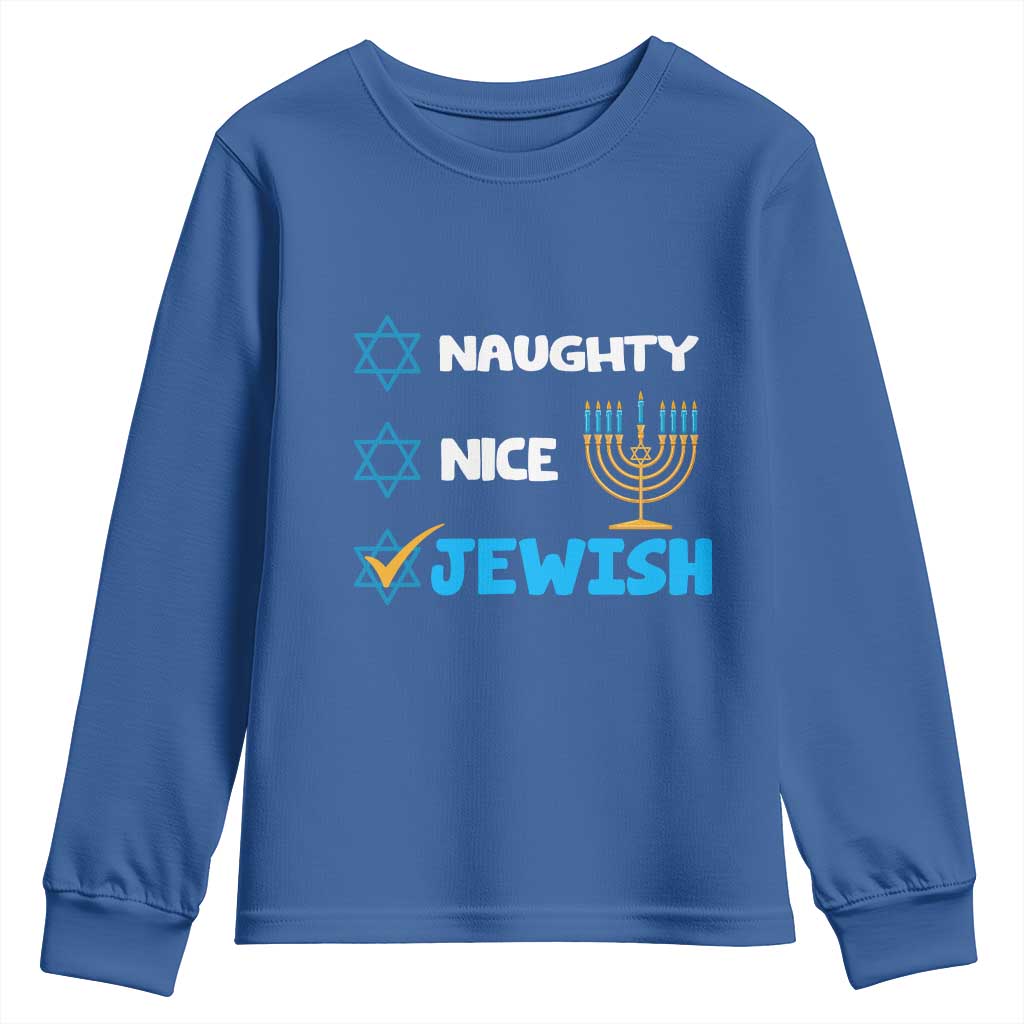Funny Jewish Hanukkah Youth Sweatshirt Nice Naughty Jewish Menorah Hanukkiah Chanukah Ugly TS02 Royal Blue Print Your Wear