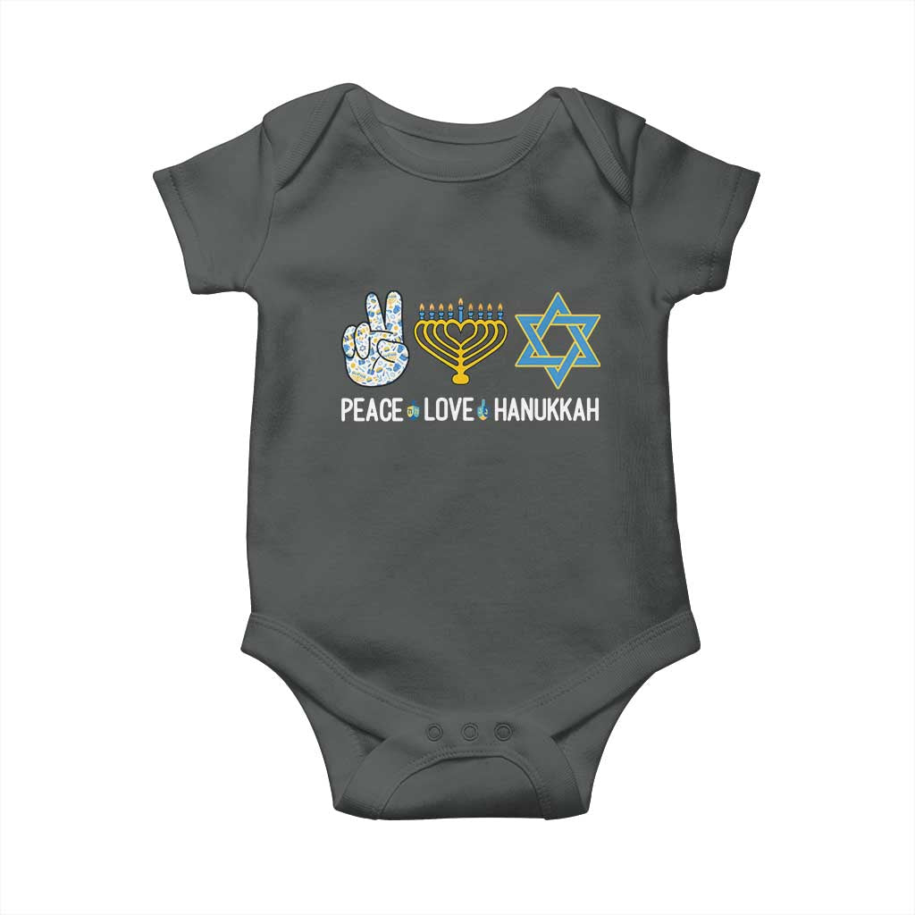 Peace Love Hanukkah Baby Onesie Retro Chanukah Jewish Menorah Star of David TS02 Dark Heather Print Your Wear