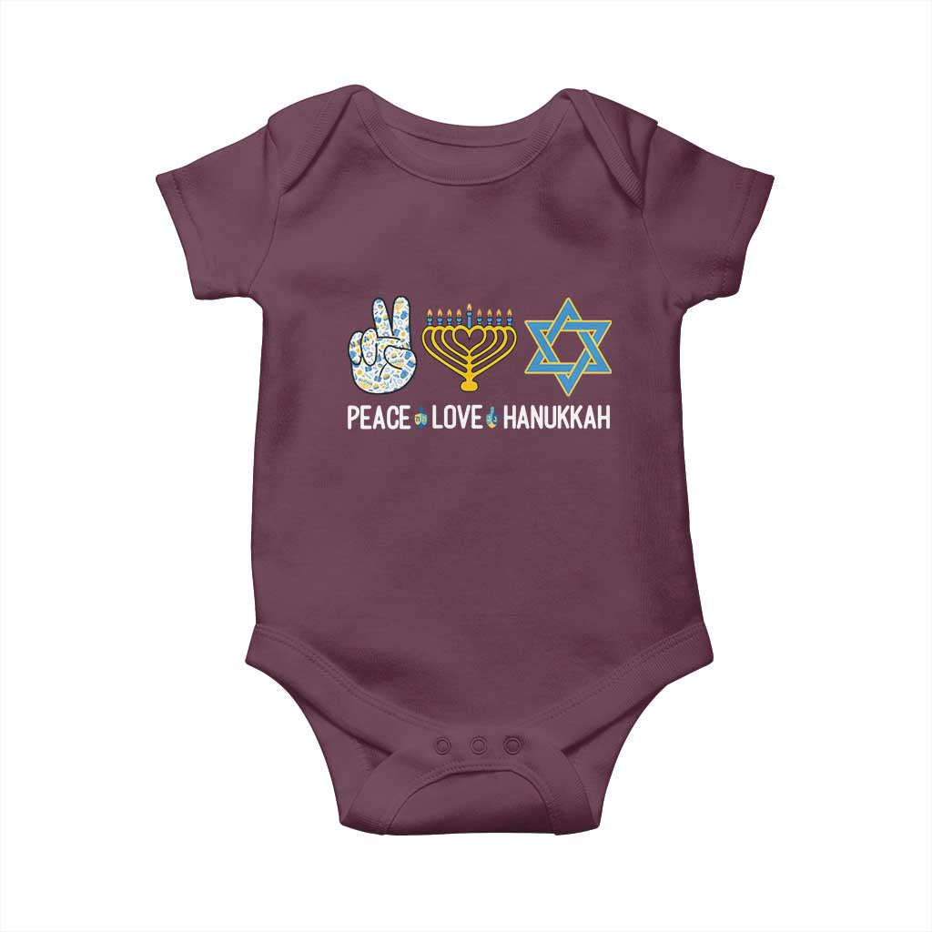Peace Love Hanukkah Baby Onesie Retro Chanukah Jewish Menorah Star of David TS02 Maroon Print Your Wear