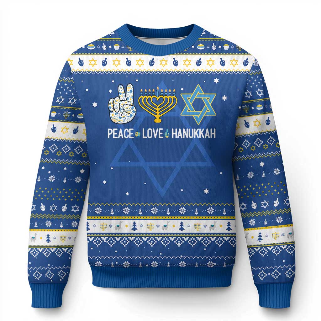 Peace Love Hanukkah Ugly Sweater Retro Chanukah Jewish Menorah Star of David TS02 Blue White Print Your Wear