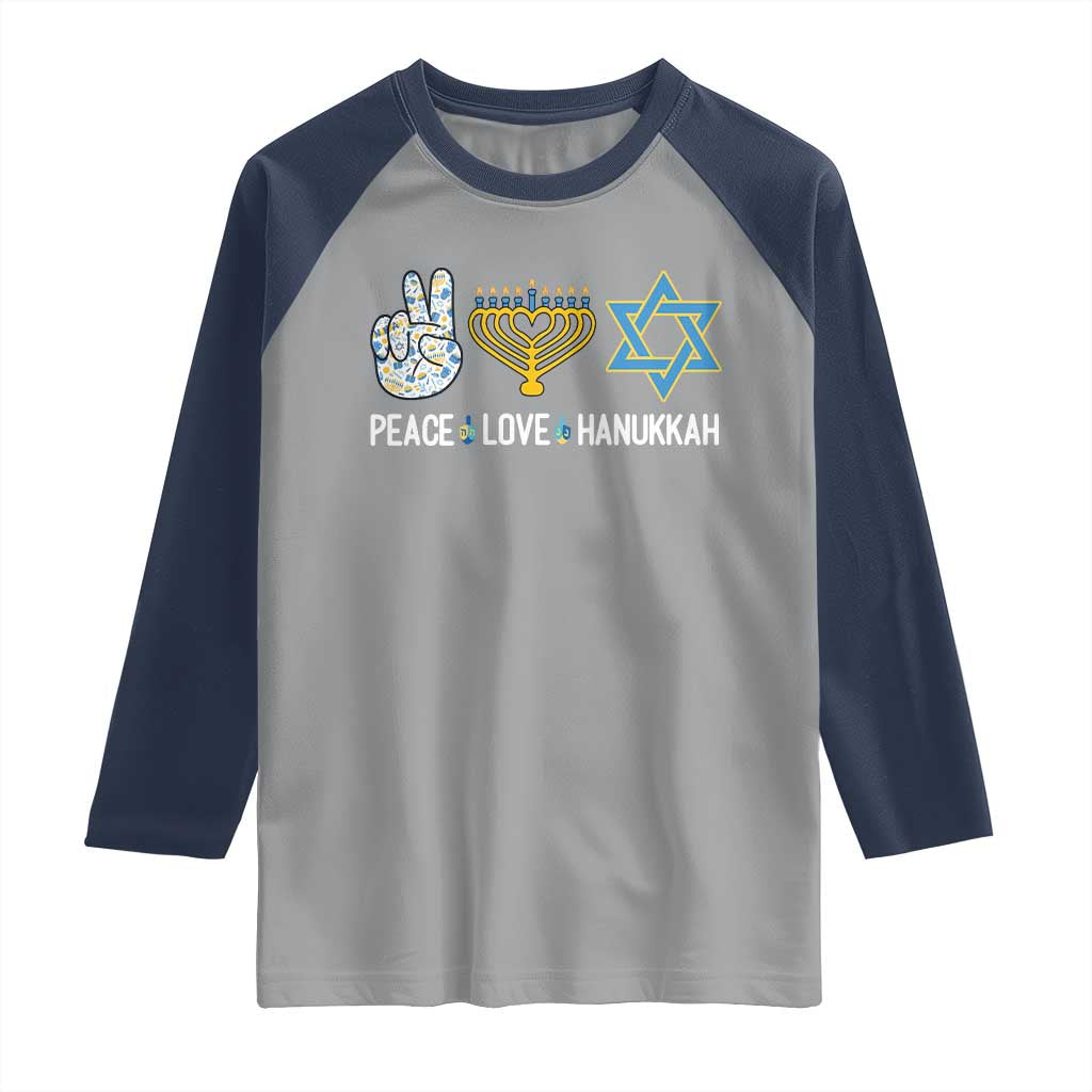 Peace Love Hanukkah Raglan Shirt Retro Chanukah Jewish Menorah Star of David TS02 Sport Gray Navy Print Your Wear