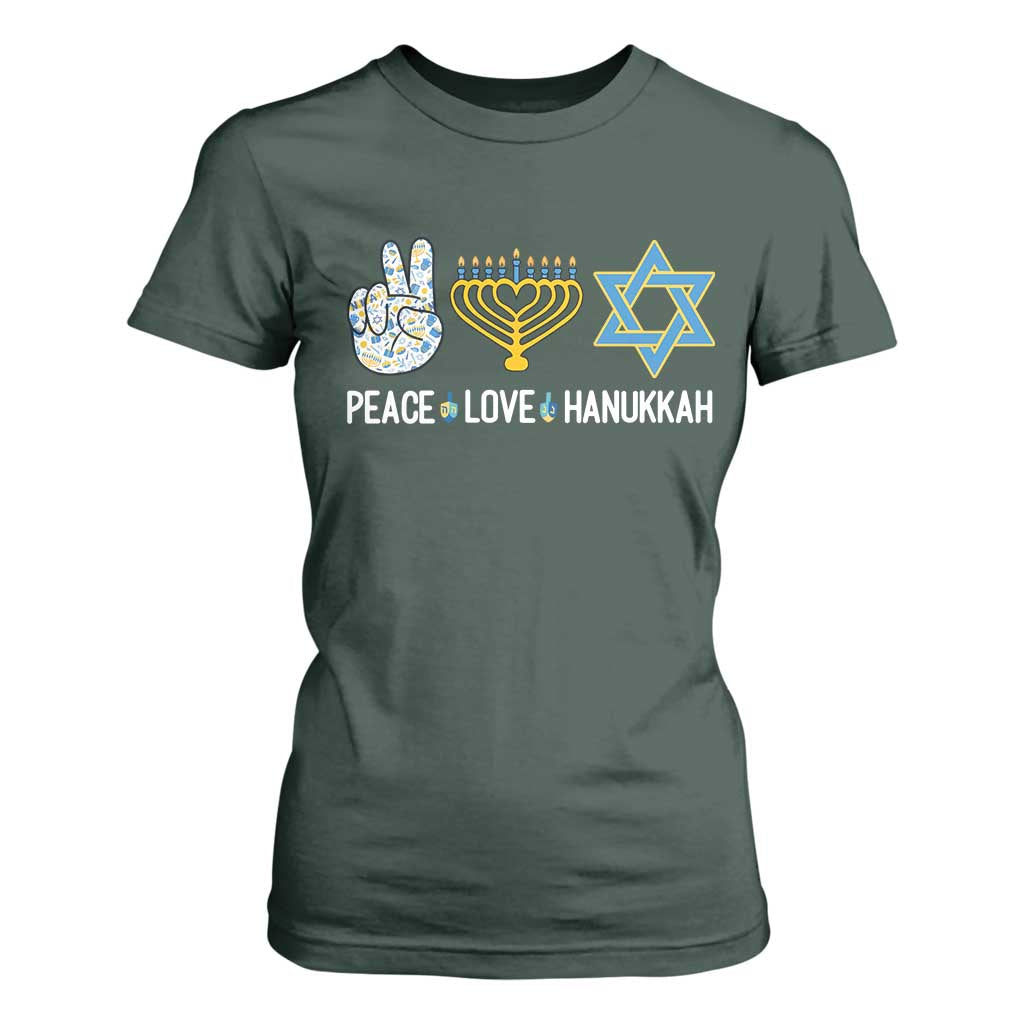 Peace Love Hanukkah T Shirt For Women Retro Chanukah Jewish Menorah Star of David TS02 Dark Forest Green Print Your Wear