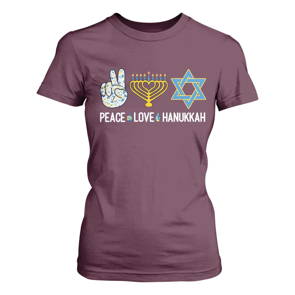 Peace Love Hanukkah T Shirt For Women Retro Chanukah Jewish Menorah Star of David TS02 Maroon Print Your Wear