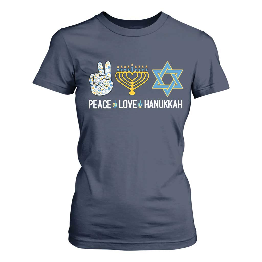 Peace Love Hanukkah T Shirt For Women Retro Chanukah Jewish Menorah Star of David TS02 Navy Print Your Wear