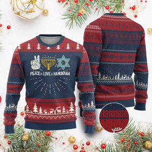 Peace Love Hanukkah Ugly Christmas Sweater Retro Chanukah Jewish Menorah Star of David TS02 Burgundy Print Your Wear