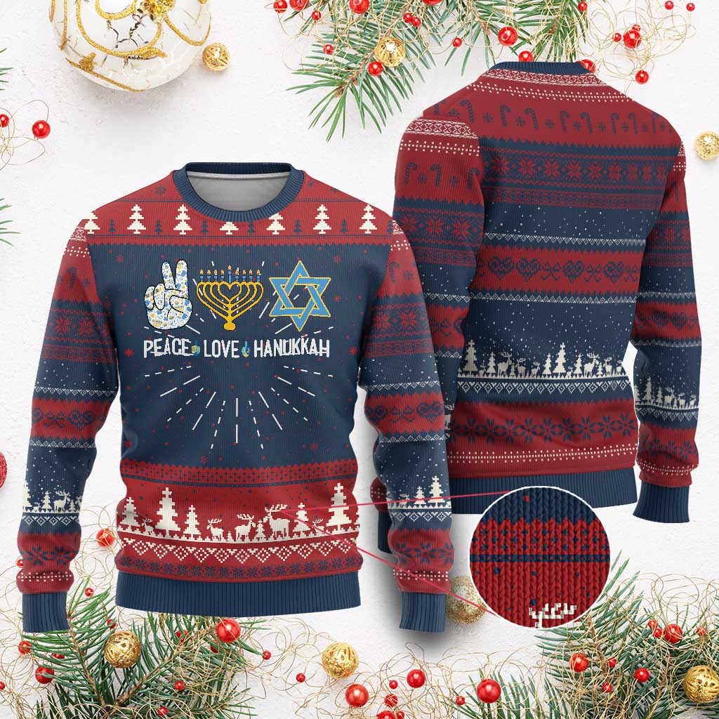 Peace Love Hanukkah Ugly Christmas Sweater Retro Chanukah Jewish Menorah Star of David TS02 Burgundy Print Your Wear
