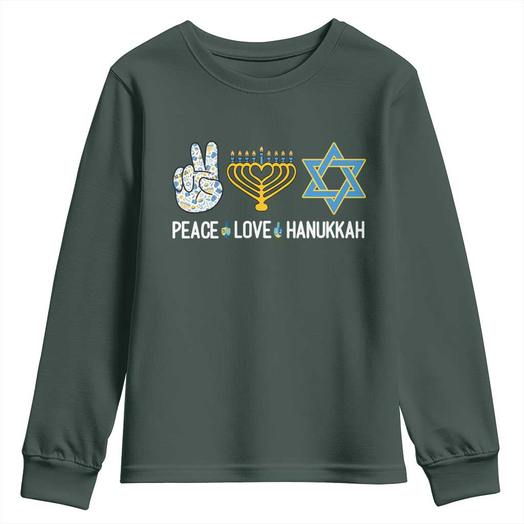 Peace Love Hanukkah Youth Sweatshirt Retro Chanukah Jewish Menorah Star of David TS02 Dark Forest Green Print Your Wear