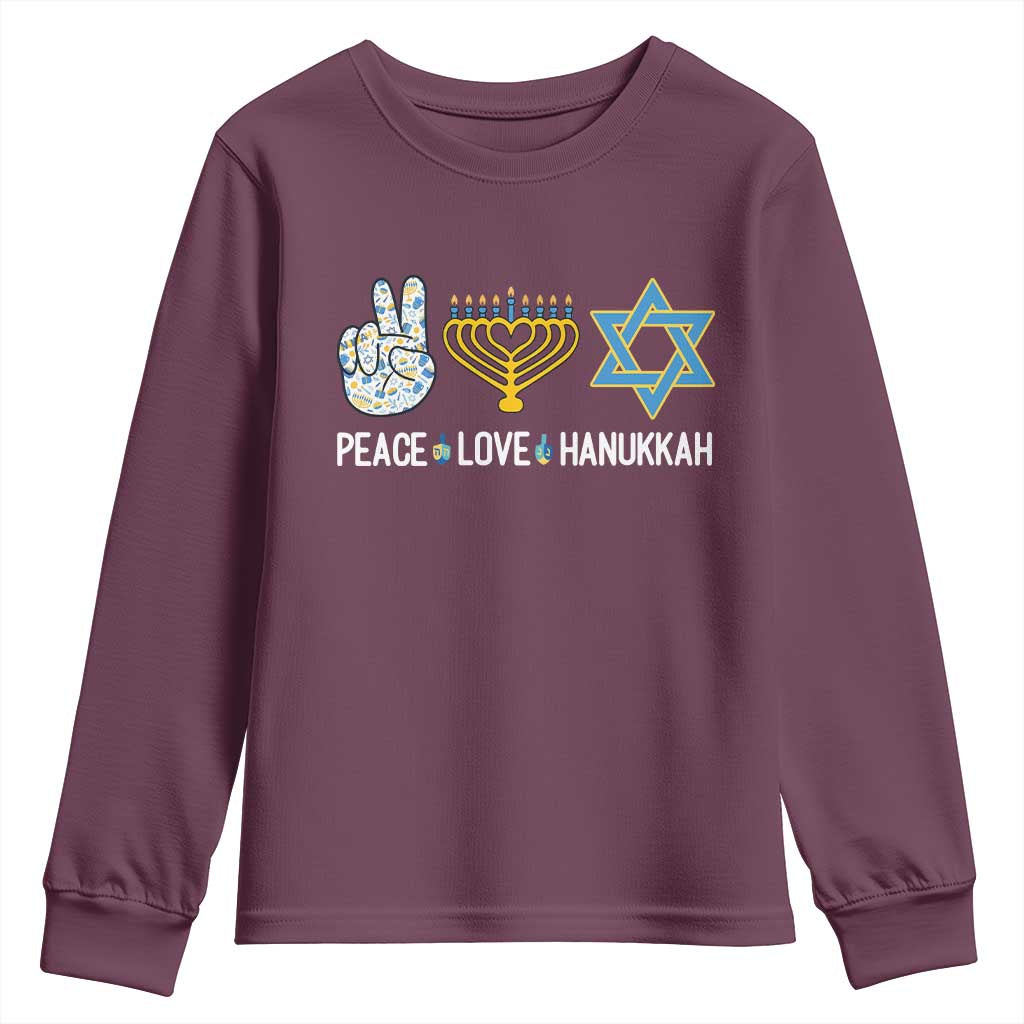 Peace Love Hanukkah Youth Sweatshirt Retro Chanukah Jewish Menorah Star of David TS02 Maroon Print Your Wear