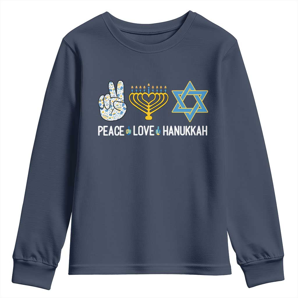 Peace Love Hanukkah Youth Sweatshirt Retro Chanukah Jewish Menorah Star of David TS02 Navy Print Your Wear