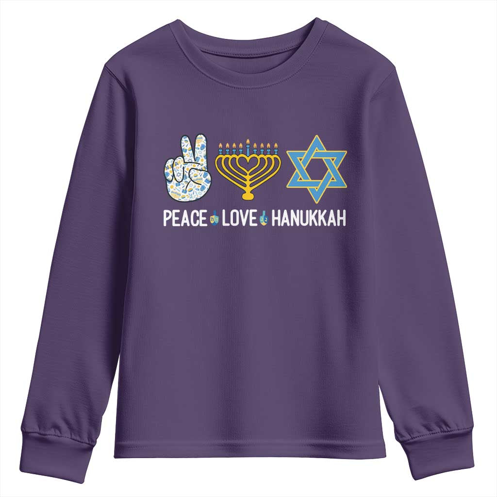 Peace Love Hanukkah Youth Sweatshirt Retro Chanukah Jewish Menorah Star of David TS02 Purple Print Your Wear