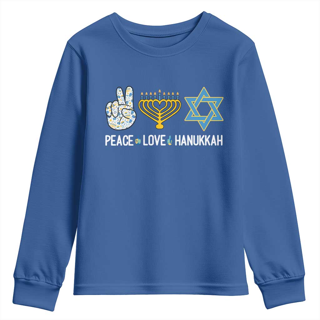 Peace Love Hanukkah Youth Sweatshirt Retro Chanukah Jewish Menorah Star of David TS02 Royal Blue Print Your Wear