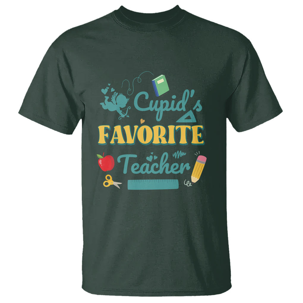 Teacher Valentines Day T Shirt Cupid's Favorite Teacher Groovy Retro Funny Teaching Life TS02 Dark Forest Green Printyourwear