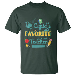 Teacher Valentines Day T Shirt Cupid's Favorite Teacher Groovy Retro Funny Teaching Life TS02 Dark Forest Green Printyourwear
